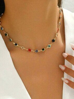 Colorful Round Inlaid Crystal Choker Necklace Collar Gold Chain Adjstbl Gemstone